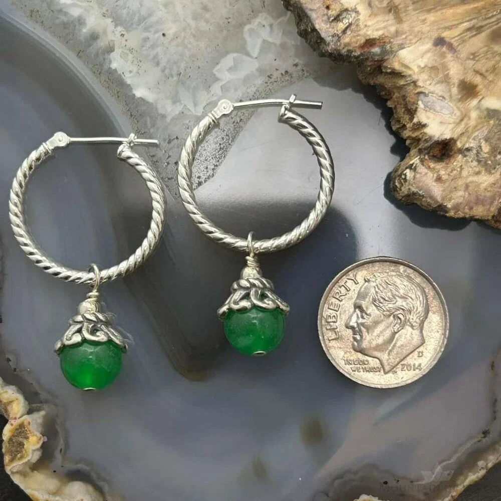 Carolyn Pollack Sterling Twisted Hoop w/Green Jadeite Dangle Earrings For Women